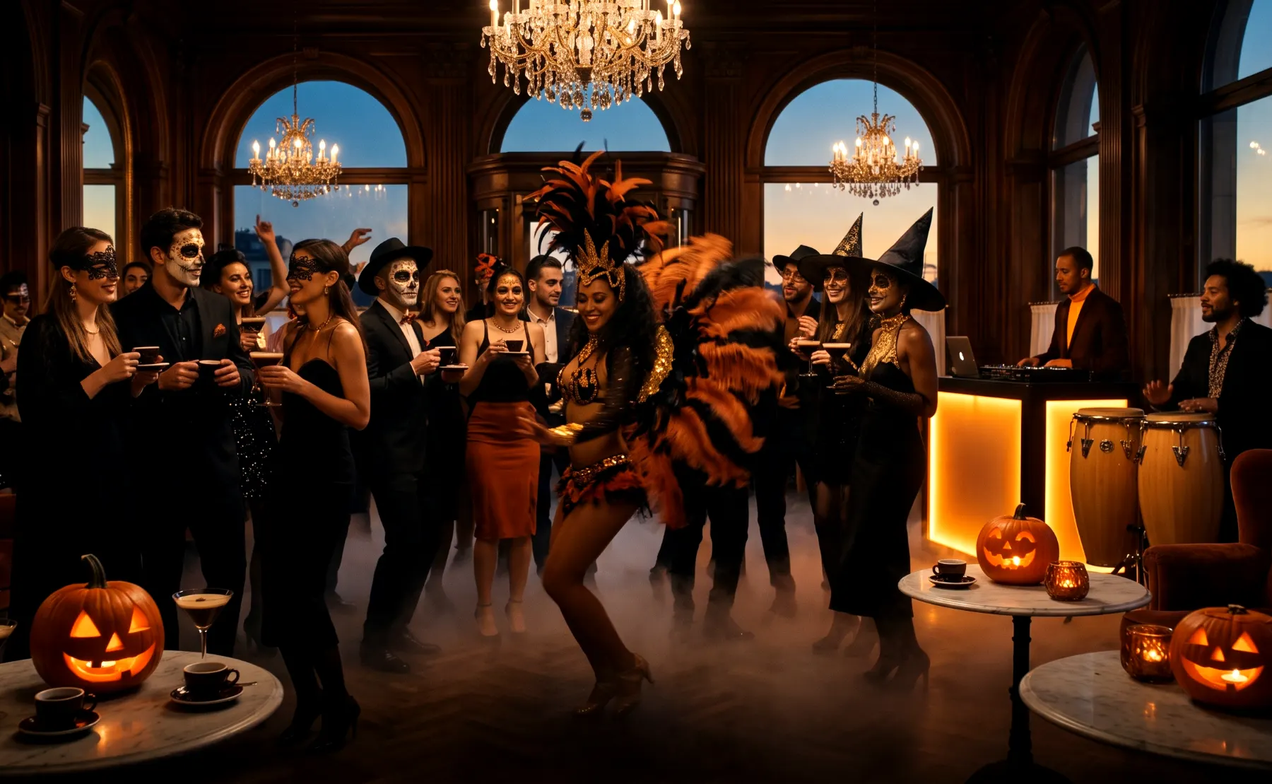 Halloween Groove Coffee Party mit Masken, Kürbissen und Samba-Show