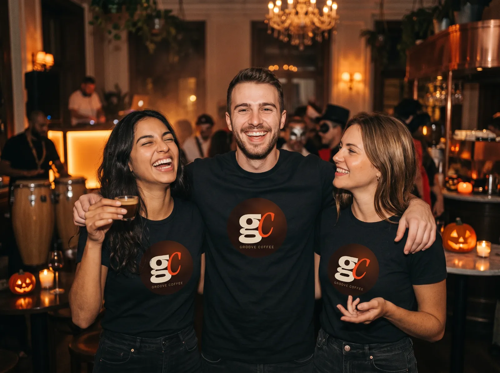 Drei Freunde in schwarzen Groove Coffee Shirts lachen auf der Party